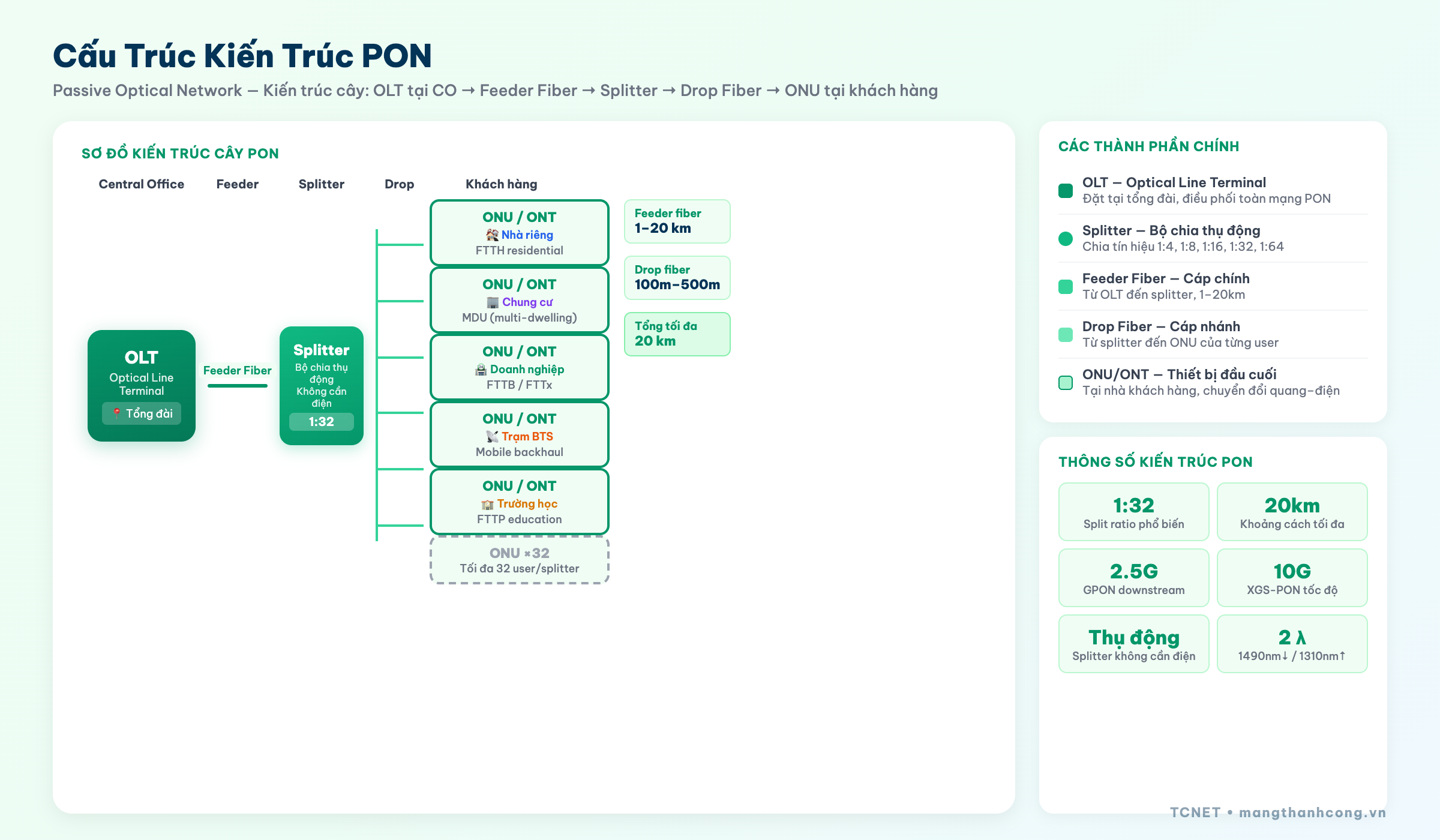 Cấu trúc kiến trúc PON - OLT splitter ONU feeder drop fiber