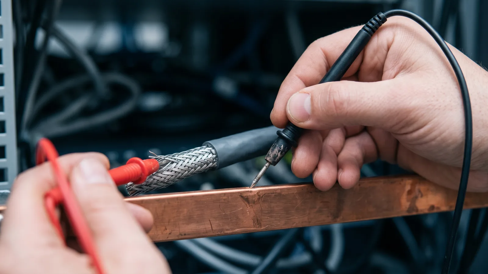 Cáp mạng chống nhiễu SFTP 17 Kỹ thuật viên dùng đồng hồ vạn năng đo thông mạch lớp chắn cáp SFTP