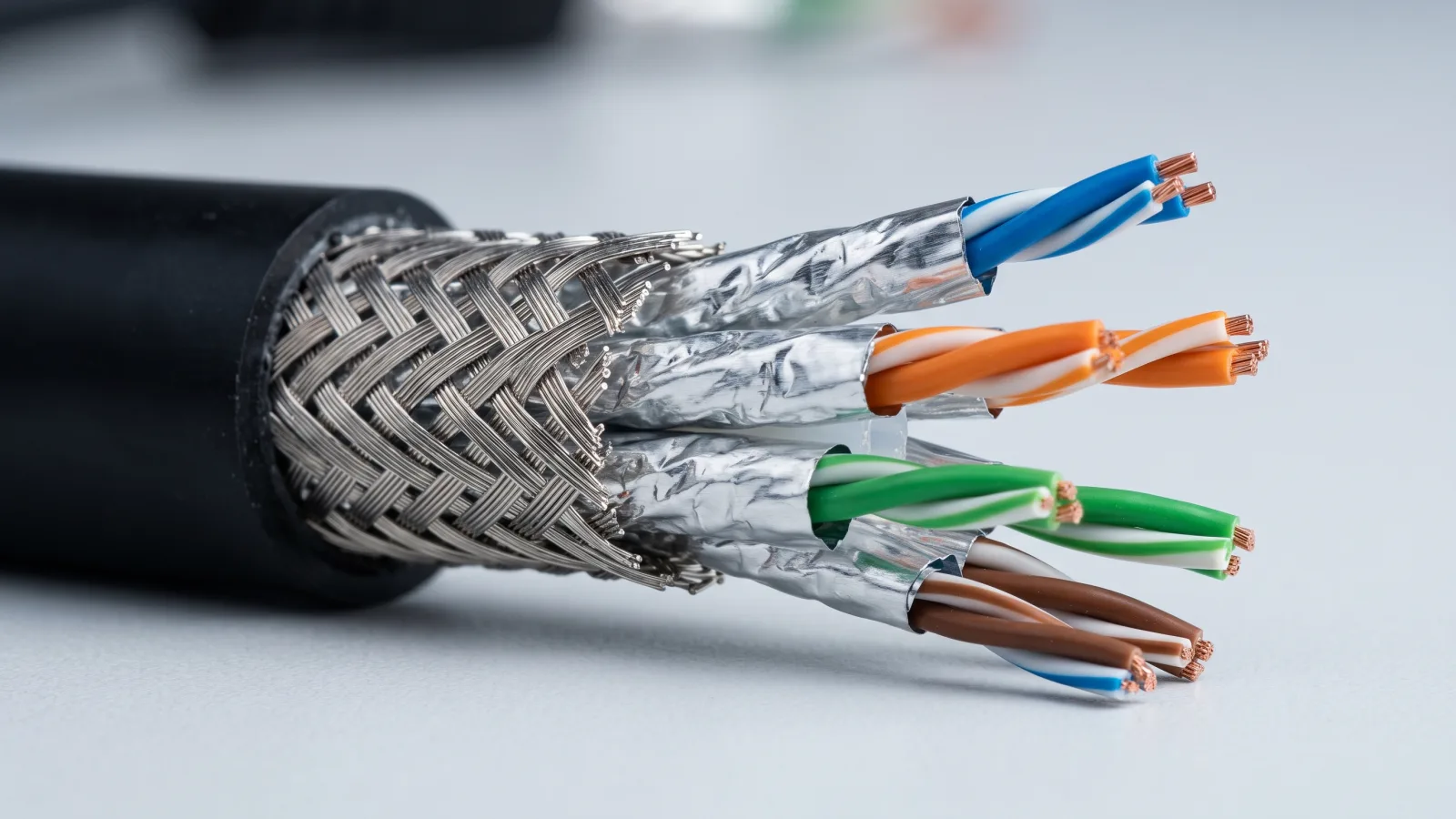 Cáp mạng chống nhiễu SFTP 14 Mặt cắt cáp mạng chống nhiễu SFTP với lớp lưới bện và lá nhôm bọc từng đôi