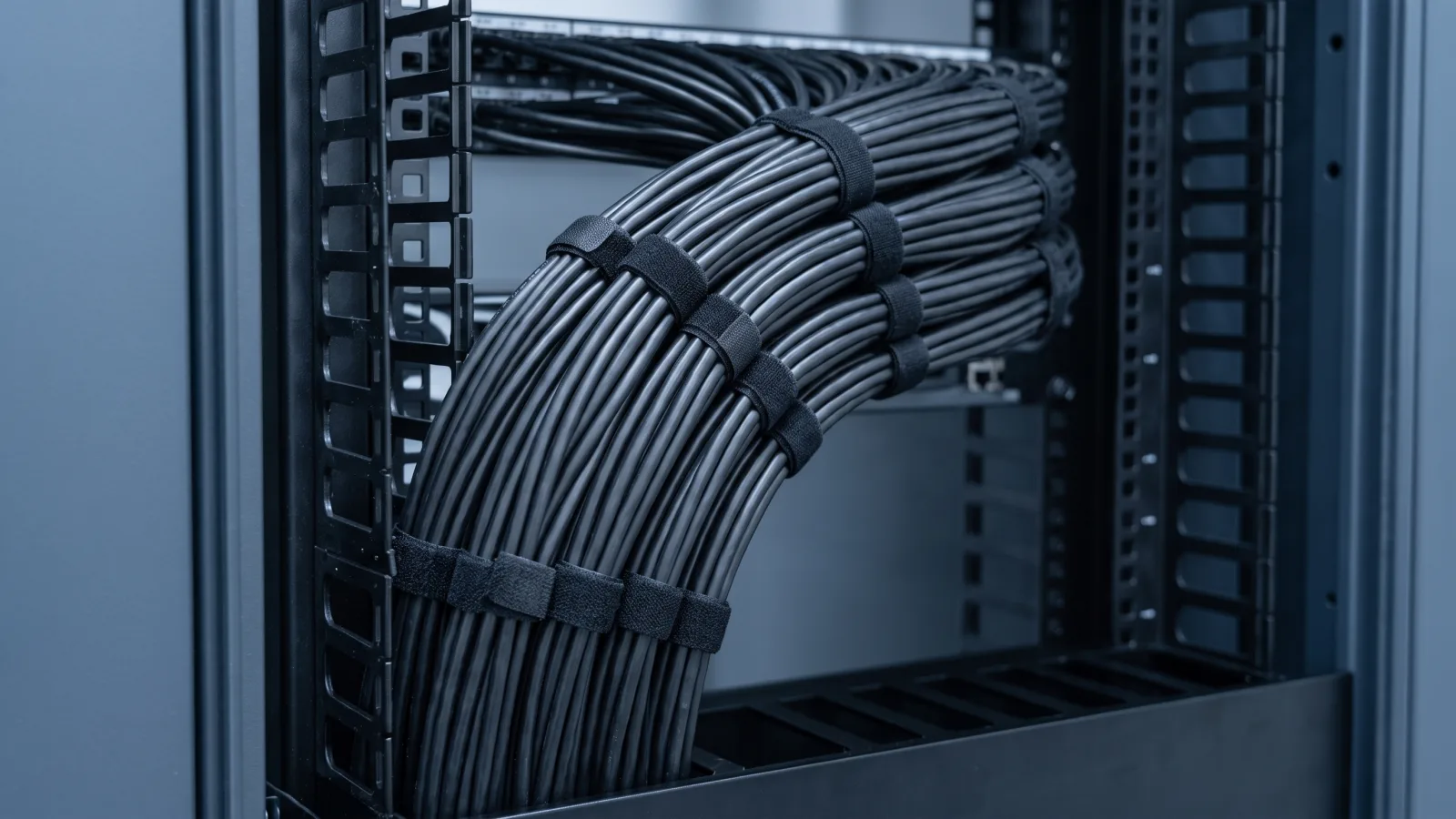 Cáp mạng chống nhiễu SFTP 18 Tuyến cáp mạng chống nhiễu đấu vào patch panel trong tủ rack văn phòng