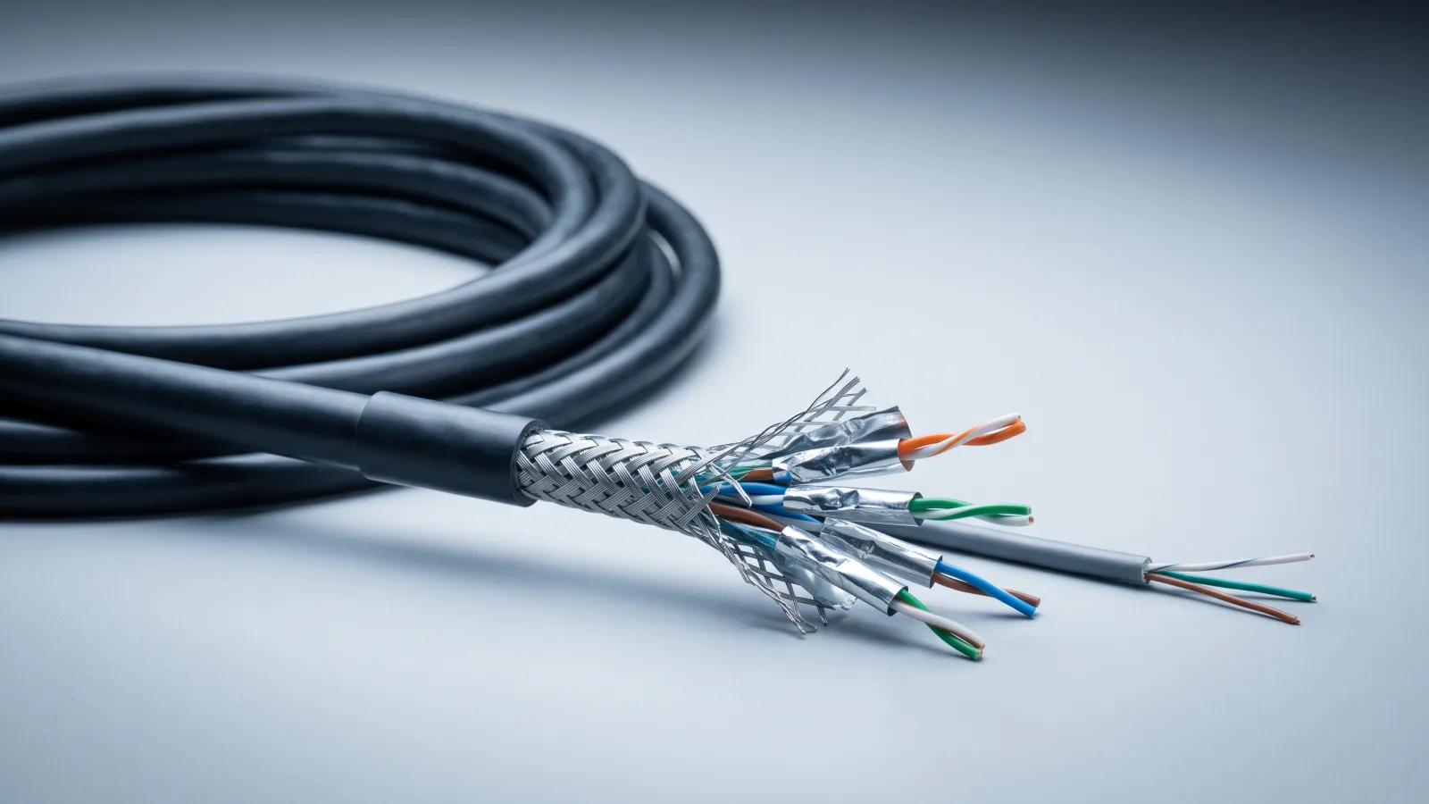 Cat5e vs Cat6 vs Cat6A: chọn cáp mạng đồng nào cho văn phòng? 19 Cáp mạng chống nhiễu cao cấp với lớp bọc kim loại dày trên bàn kỹ thuật