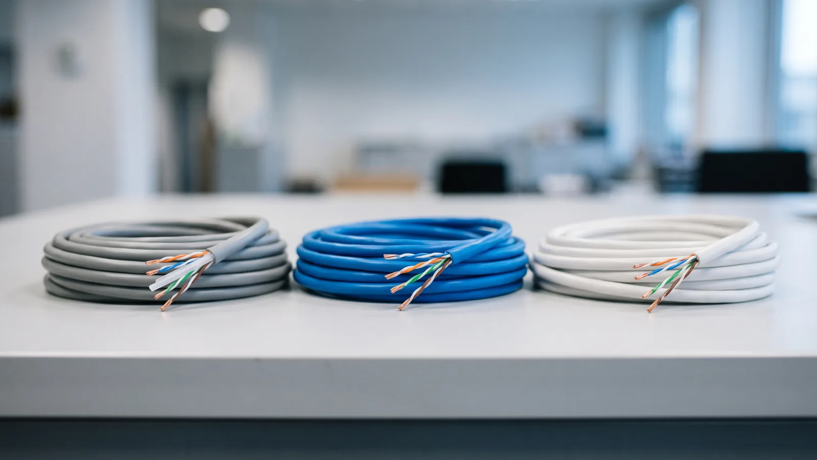 Cat5e vs Cat6 vs Cat6A: chọn cáp mạng đồng nào cho văn phòng? 15 Ba cuộn cáp mạng đồng Cat5e, Cat6 và Cat6A đặt cạnh nhau