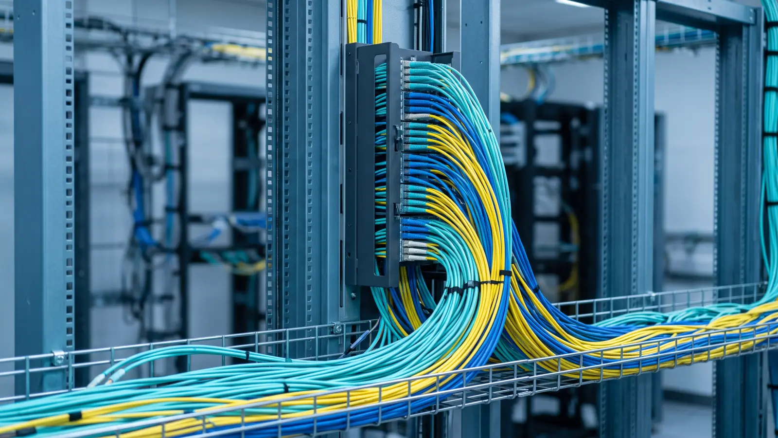 Hệ thống DWDM đường trục với các bó dây nhảy quang nhiều màu đi trong máng cáp