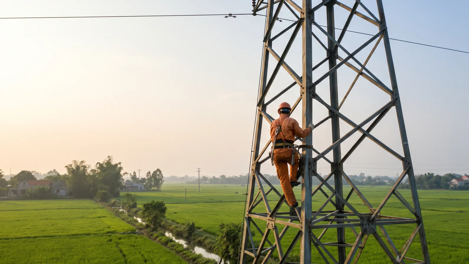 Ảnh đại diện: tuyến điện cao thế cột thép có dây chống sét mang sợi quang, công nhân trèo cột nhìn từ sau