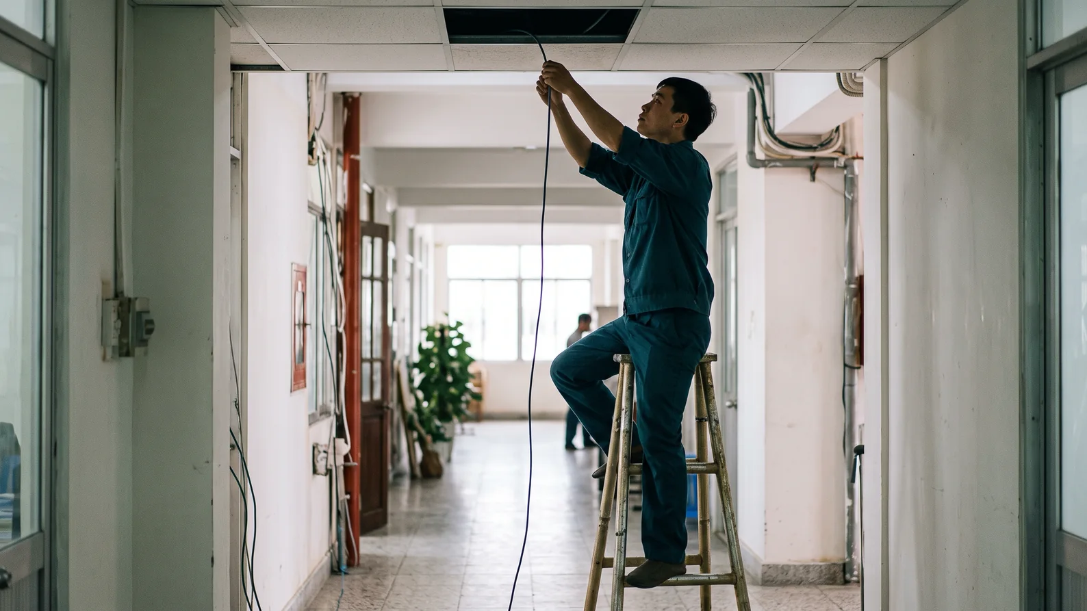 Kỹ thuật viên đi một sợi cáp mạng lên trần cấp cả nguồn và dữ liệu