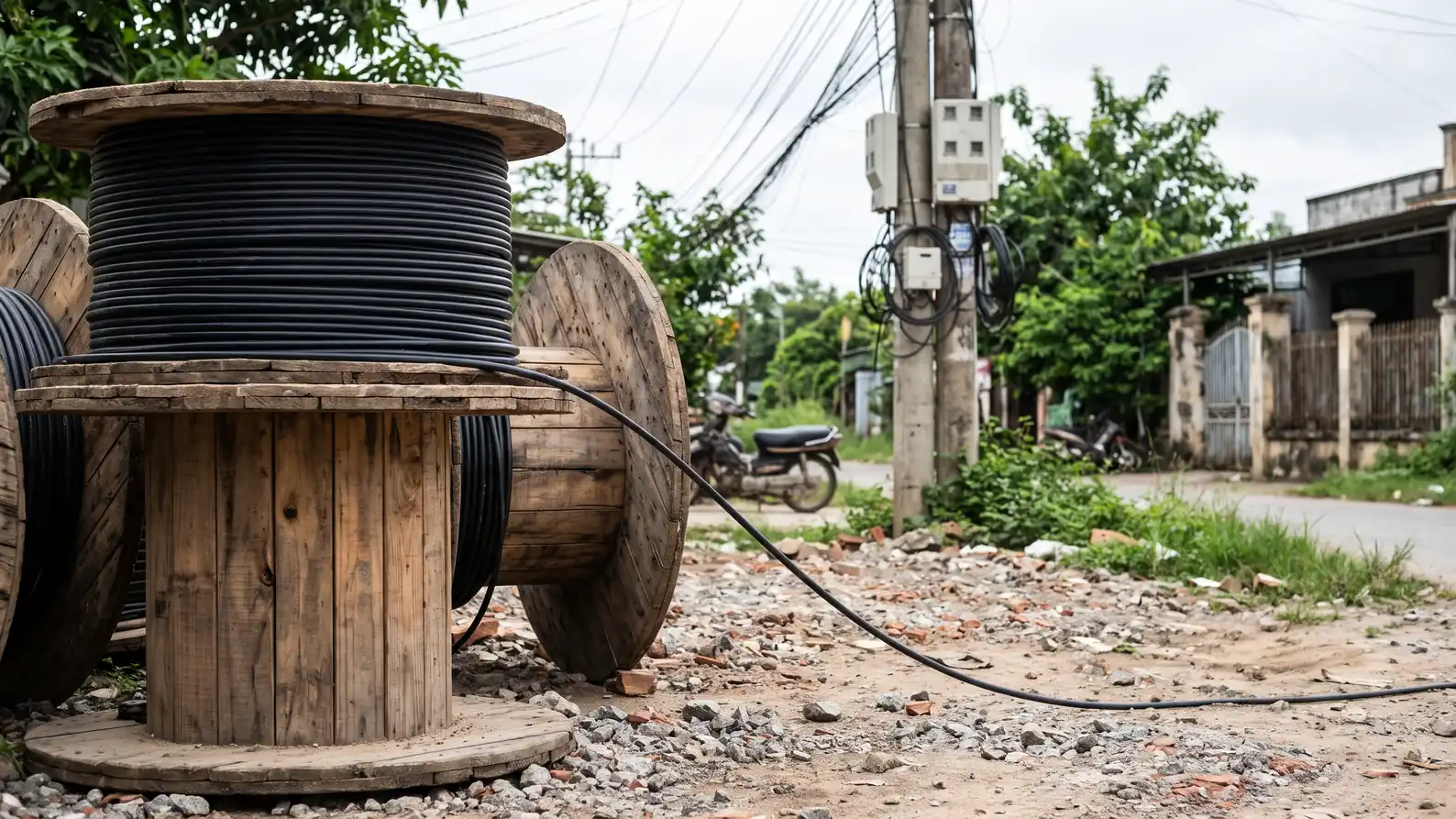 So sánh cáp quang các hãng CommScope, Postef, Focal, LS Solution: nên chọn loại nào 3 Các cuộn cáp quang lớn xếp trên công trường chờ kéo tuyến
