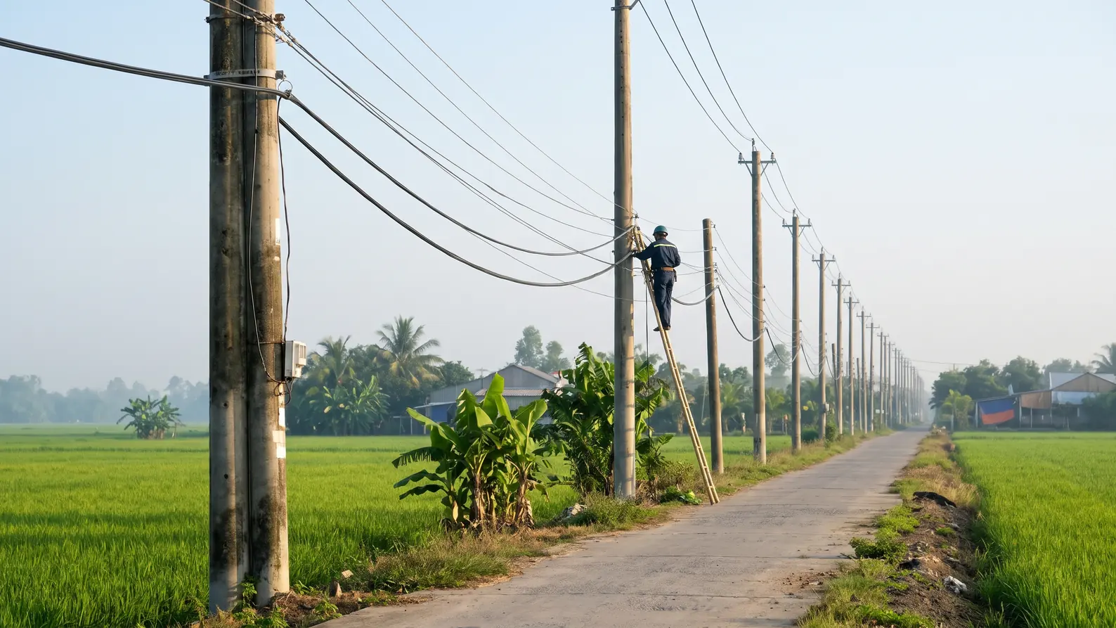 Tuyến cáp quang treo trên hàng cột điện chạy dài theo đường ven ruộng