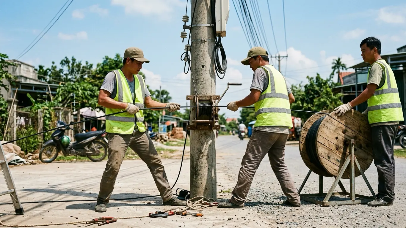Thợ thi công kéo và treo cáp quang lên cột