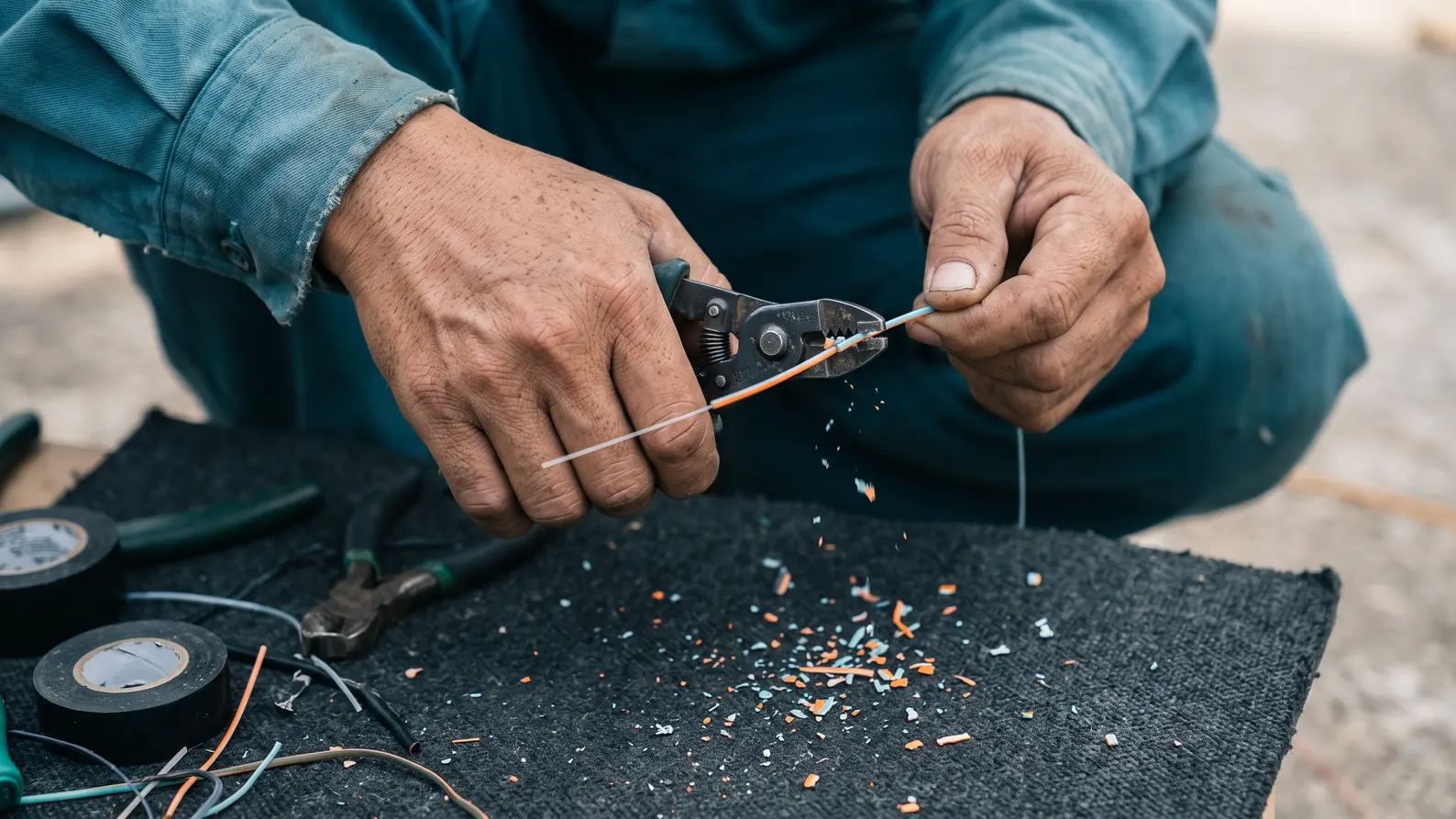 Cách sử dụng dao cắt sợi quang đúng góc cắt và khi nào phải thay lưỡi 8 Tay kỹ thuật viên tuốt lớp phủ sợi quang trên bàn thao tác