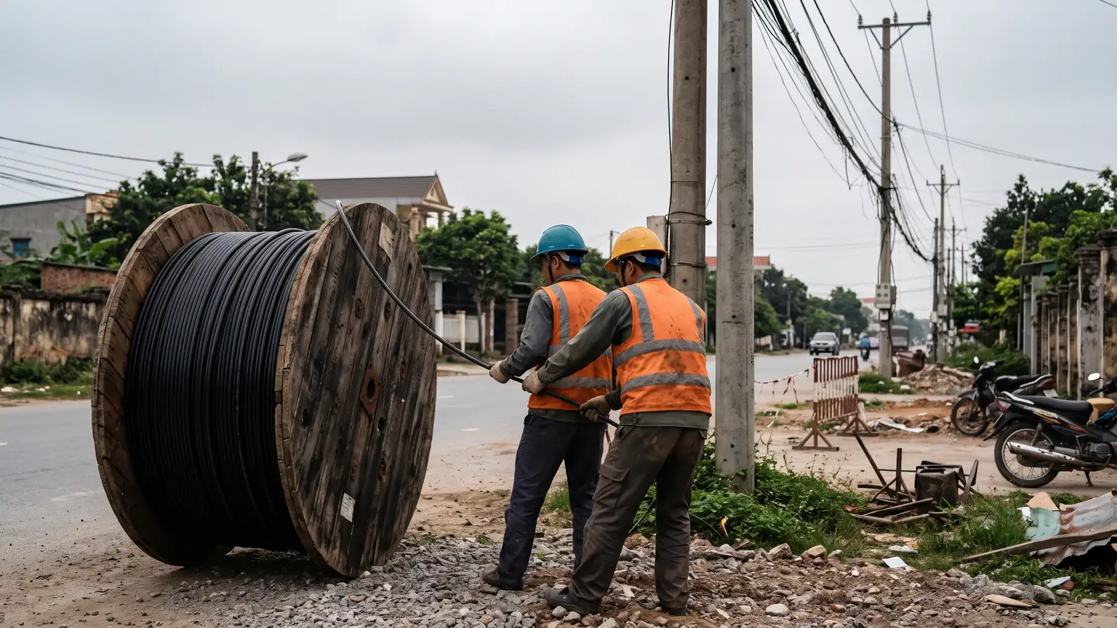 Hết sợi quang: chuyển converter 2 sợi sang 1 sợi có đáng tiền? 3 Cuộn cáp quang mới trên công trường, thợ chuẩn bị kéo thêm tuyến