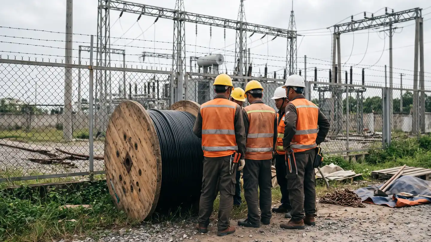 Đội thi công đứng cạnh rulo cáp quang gần trạm biến áp, nhìn từ phía sau