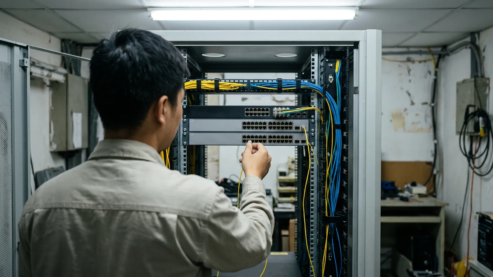 Kỹ sư mạng nhìn từ sau đứng trước tủ rack mở, tay cầm dây nhảy quang chuẩn bị thử