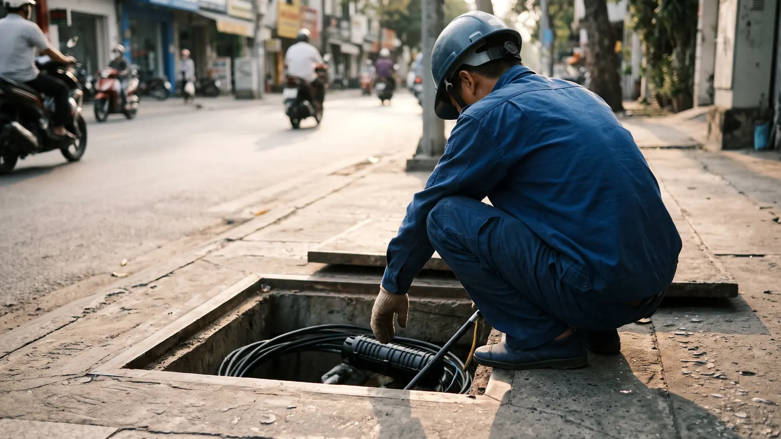 Bước sóng đo cáp quang: dải 1310/1550/1625nm, chọn thông số nào 3 Kỹ thuật viên ngồi bên hố ga cáp mở nắp, chuẩn bị đo nghiệm thu tuyến quang