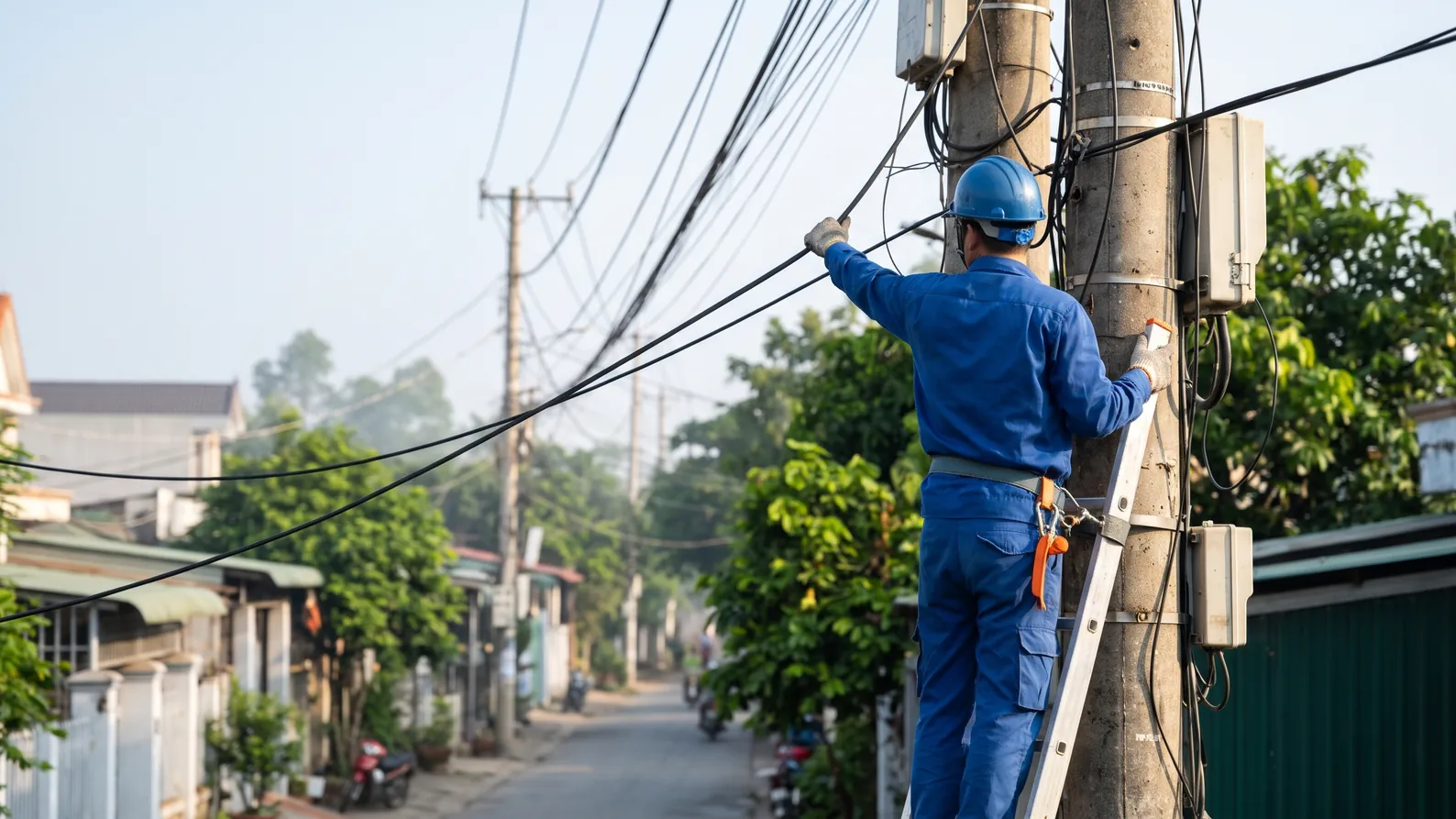 So sánh cáp quang các hãng CommScope, Postef, Focal, LS Solution: nên chọn loại nào 4 Kỹ thuật viên đứng trên thang kéo cáp quang treo dọc tuyến cột điện