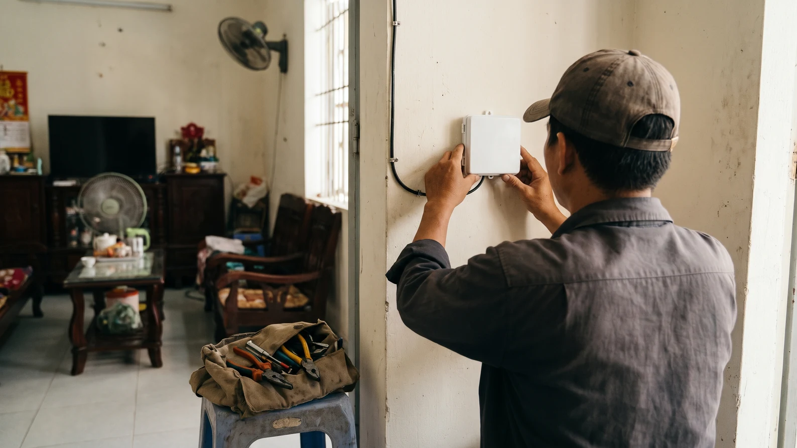 Thi công thuê bao FTTH: lắp fast connector từ cáp thả đến ONT 4 Kỹ thuật viên nhìn từ phía sau đang gắn hộp quang nhỏ lên tường trong nhà thuê bao