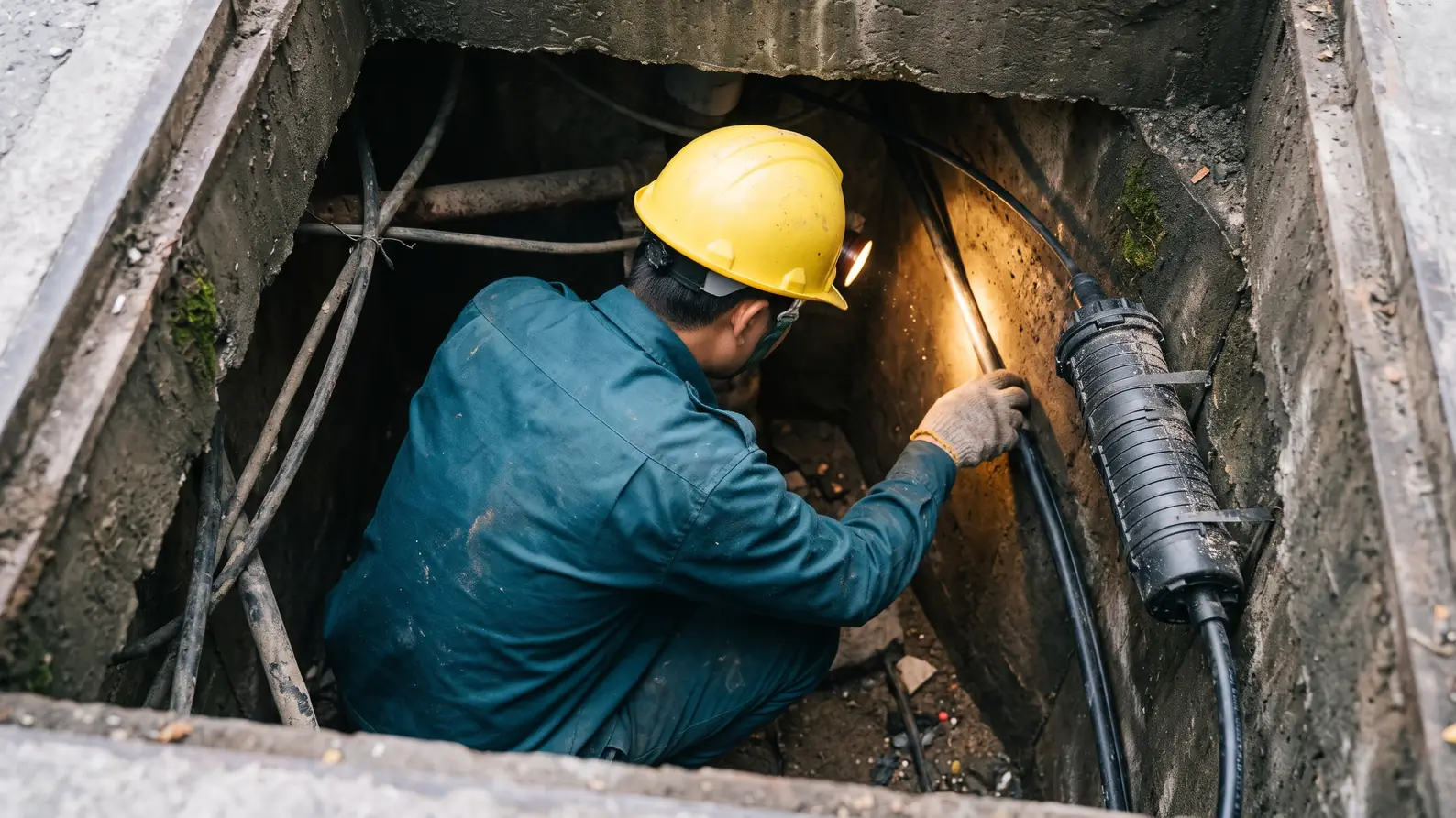 Kỹ thuật viên kiểm tra cáp quang trong hố ga, nhìn từ phía sau