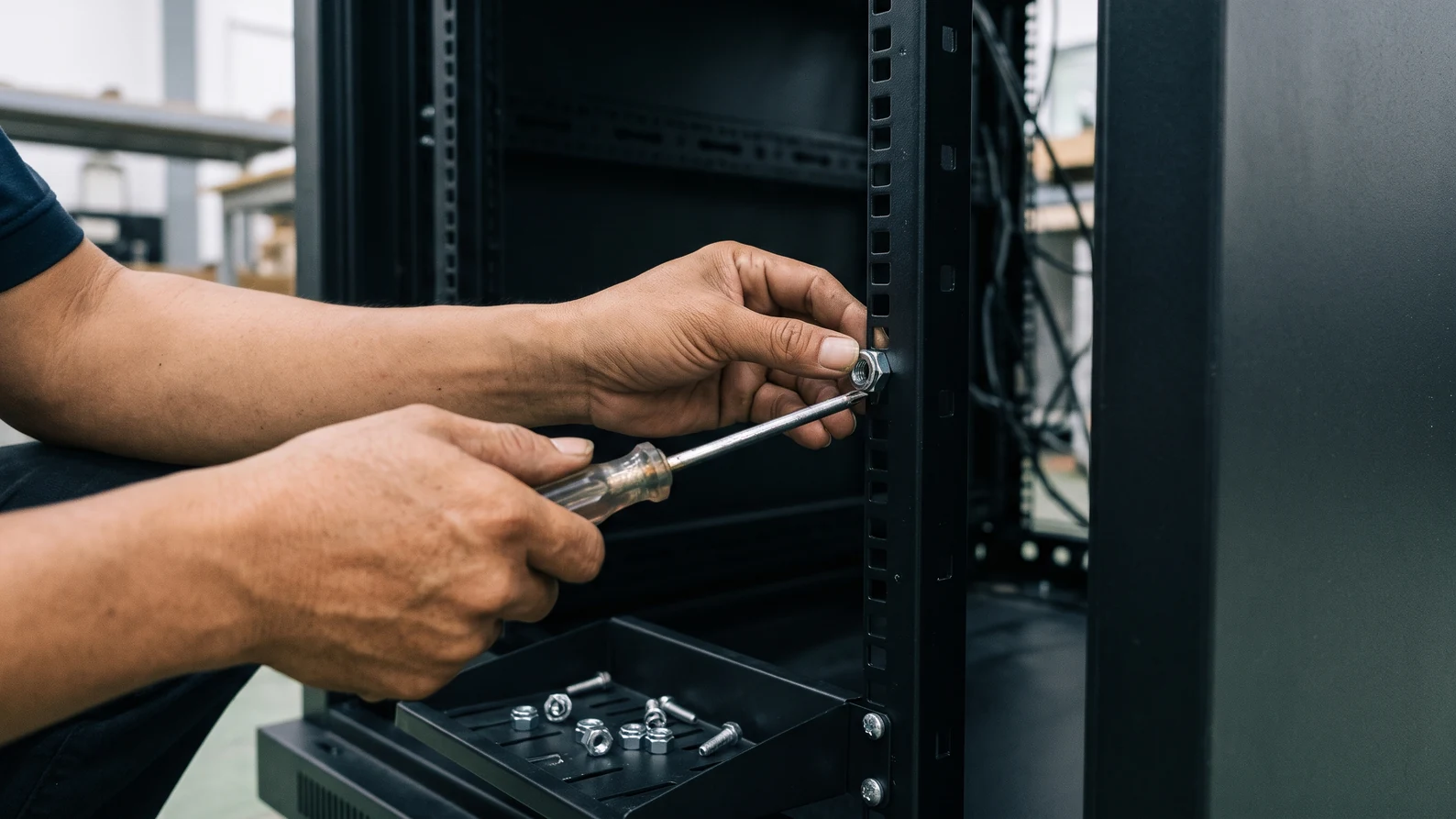 Tay kỹ thuật viên bắt ốc lồng vào thanh ray lỗ vuông của tủ rack đang để trống