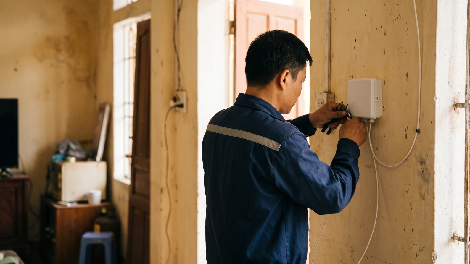 Máy hàn quang căn chỉnh lõi và vỏ: cách kiểm máy, khi nào vỏ vẫn đủ 4 Kỹ thuật viên lắp hộp quang nhỏ gắn tường tại nhà thuê bao, nhìn từ phía sau
