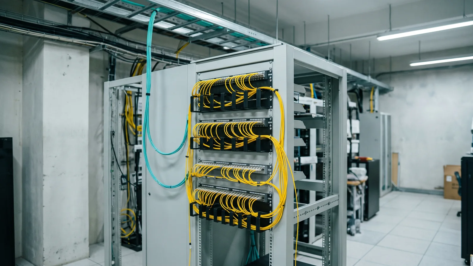 Vai trò ODF trong tủ MDF/IDF của tòa nhà 4 Tủ rack phòng kỹ thuật tòa nhà với dây nhảy quang vàng đi gọn theo thanh quản lý cáp