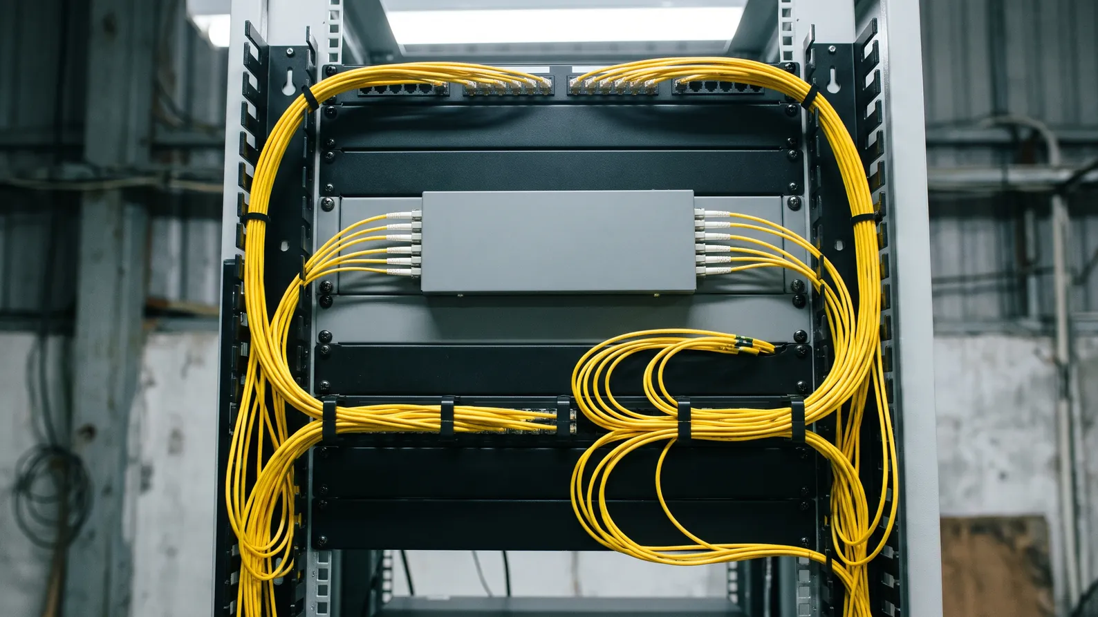 Tủ rack với dây nhảy quang vàng đi gọn qua thanh quản lý cáp, chừa vòng dư