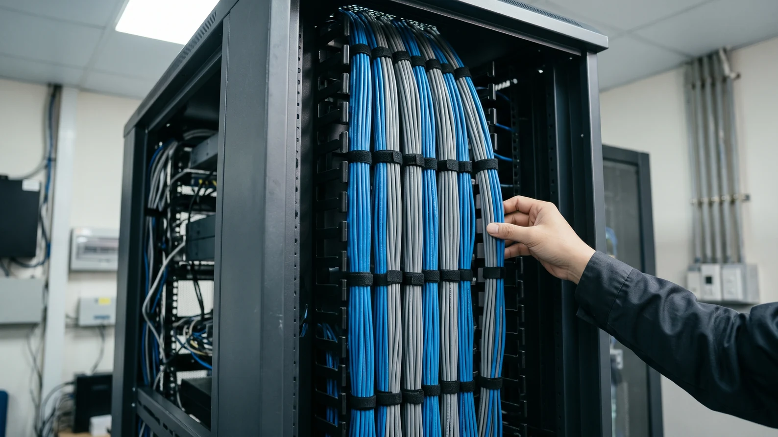 Mặt sau tủ rack mạng với các bó cáp mạng đi gọn, buộc dán dọc thanh quản lý cáp