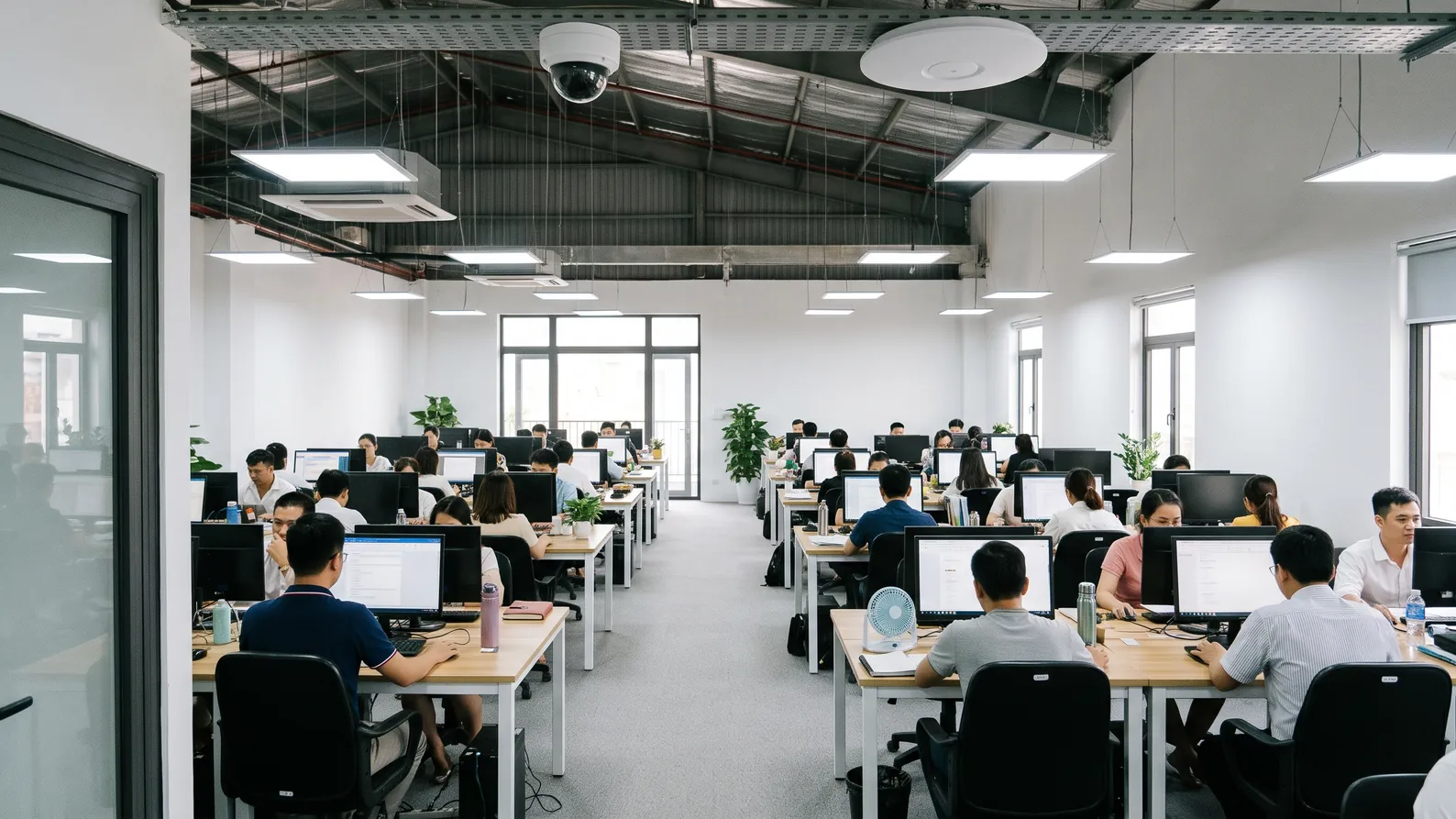 Hướng dẫn cấu hình VLAN cơ bản trên switch managed 4 Văn phòng có máy tính nhân viên và camera giám sát gắn trần dùng chung hạ tầng mạng
