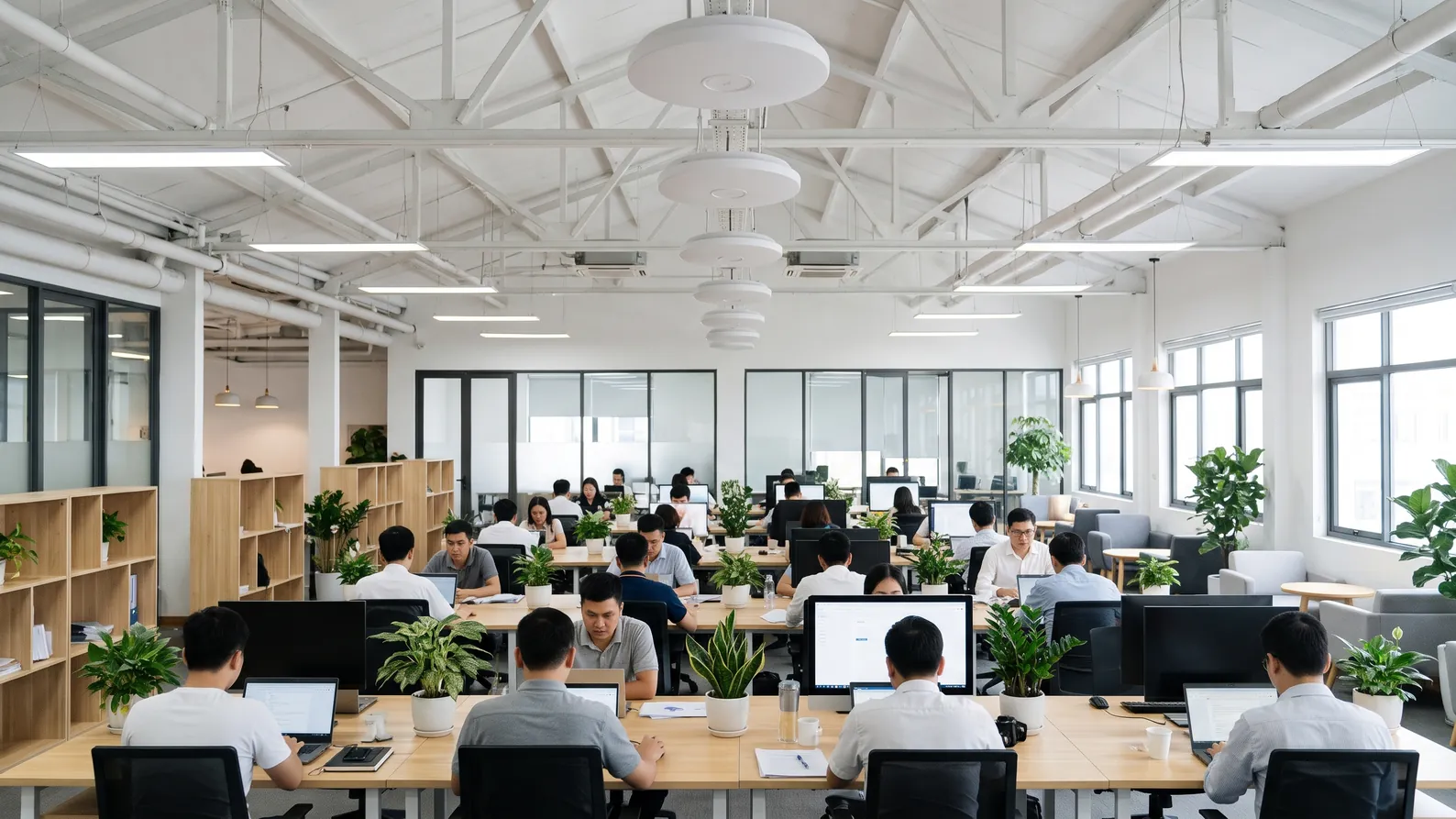 Văn phòng mở có nhiều điểm phát WiFi dạng đĩa trơn gắn trần cách đều nhau