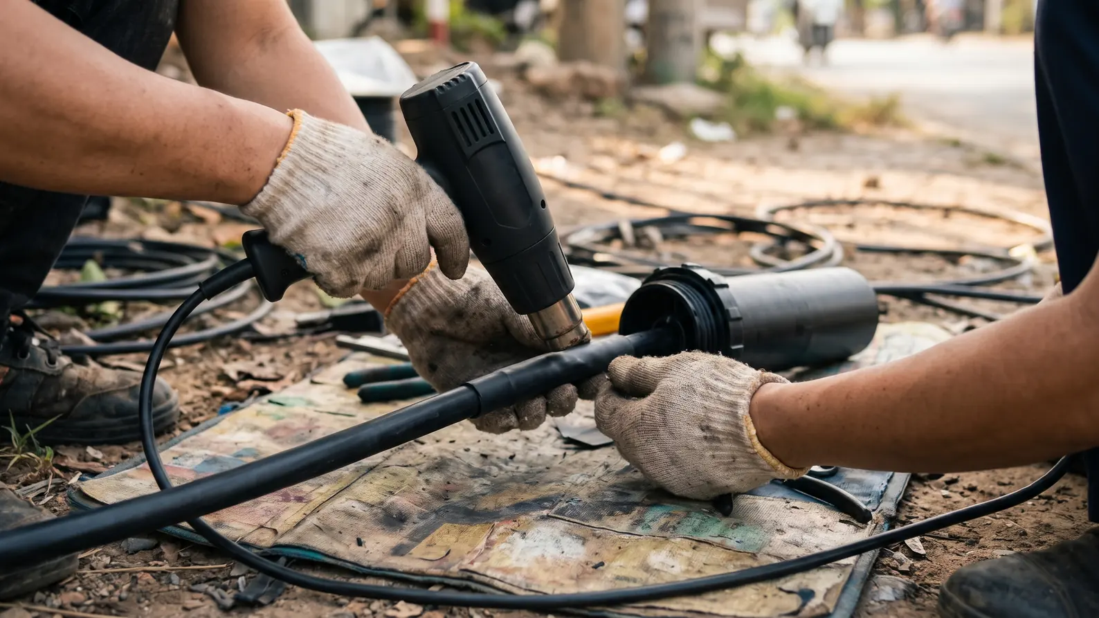 Măng xông vào nước, hở keo: nguyên nhân và cách khắc phục 6 Thợ dùng súng khò nhiệt co ống làm kín chỗ cáp quang đi vào măng xông