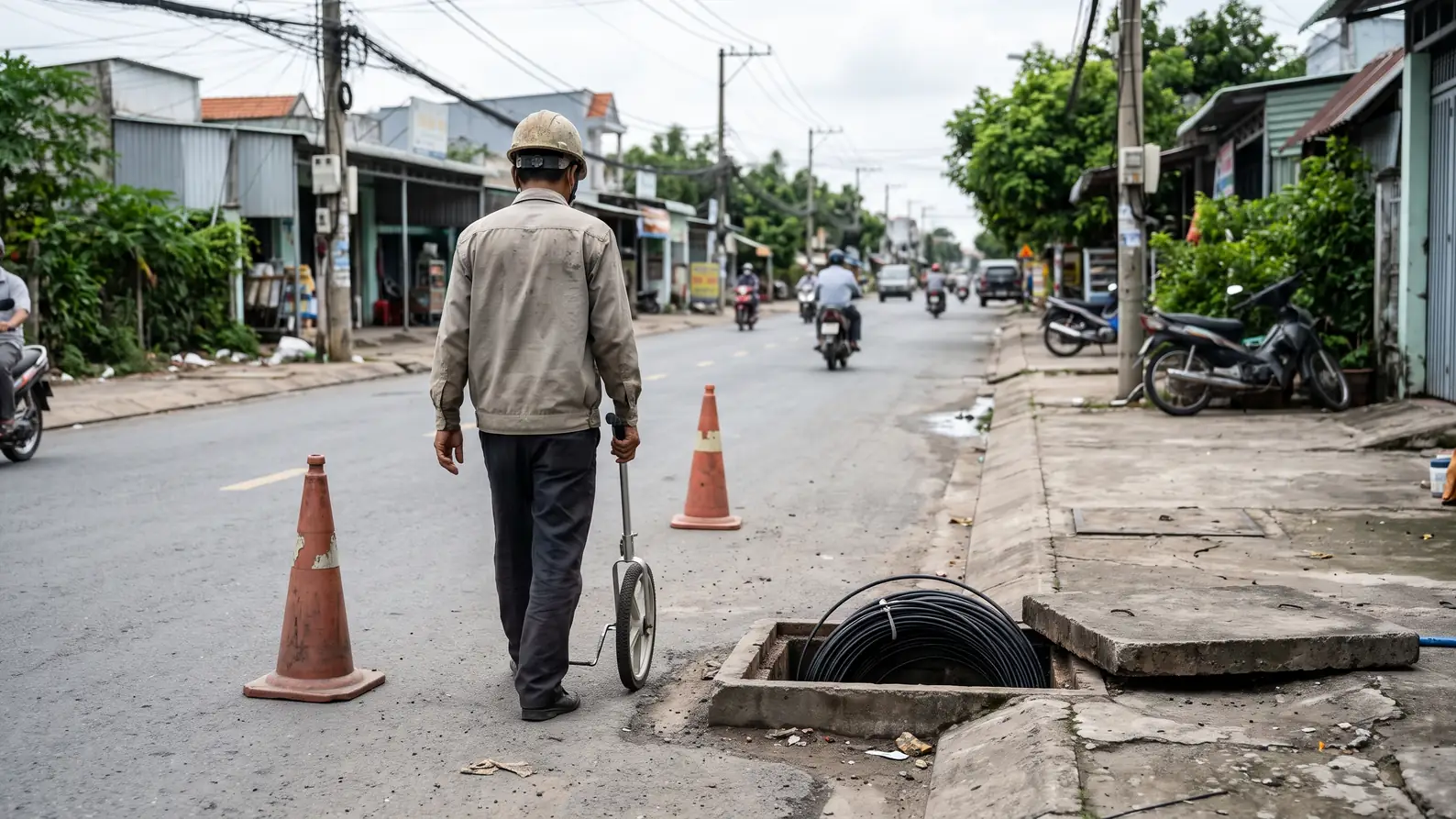 Cách xác định điểm đứt cáp quang bằng OTDR và lỗi trên tuyến 5 Kỹ thuật viên nhìn từ sau đi dọc tuyến cáp quang ven đường, bên cạnh nắp hố ga đang mở
