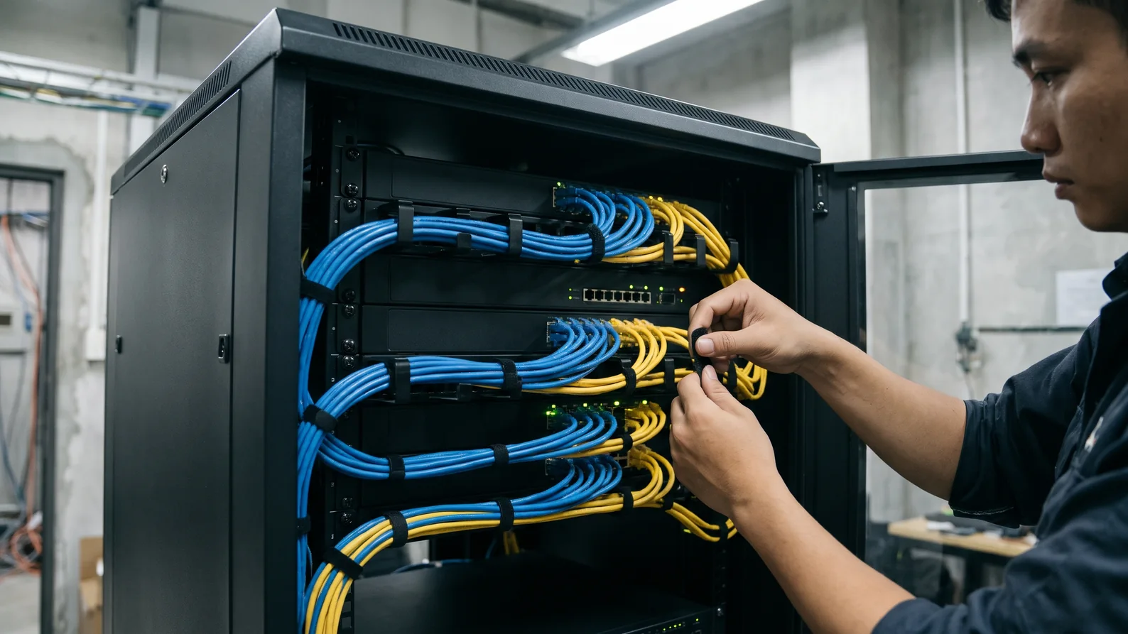 Hướng dẫn cấu hình VLAN cơ bản trên switch managed 6 Tủ rack mạng đi dây nhảy màu gọn gàng, nối các thiết bị bằng cáp uplink