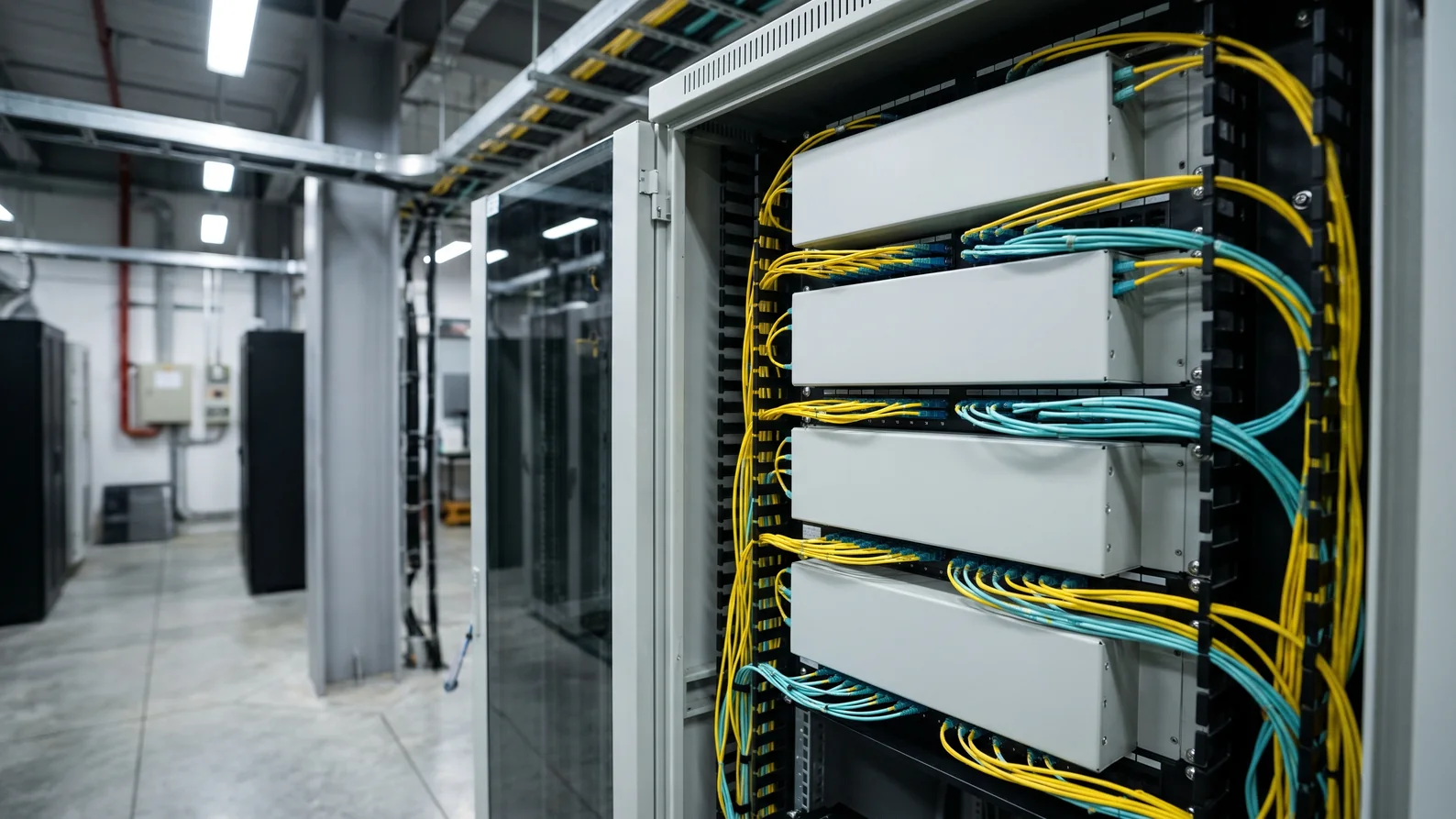 Suy hao qua ODF và adapter quang — mức cho phép 6 Tủ rack phòng máy với nhiều khay phối quang và dây nhảy quang vàng đi gọn