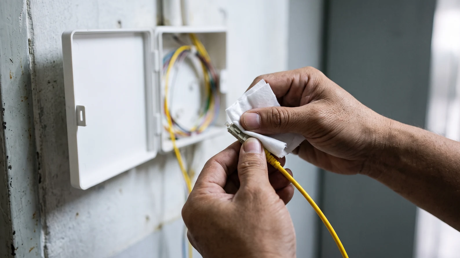 Tay kỹ thuật viên lau đầu nối dây nhảy quang trước khi cắm lại vào hộp phối quang