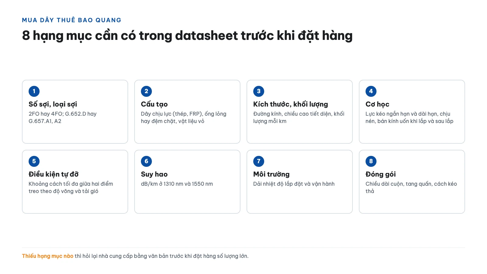 Dây thuê bao quang FTTH 2FO/4FO: chọn cáp treo, cáp cống hay dây nhảy outdoor đúc sẵn 15 Cần xin thông số gì từ nhà cung cấp khi mua dây thuê bao quang?