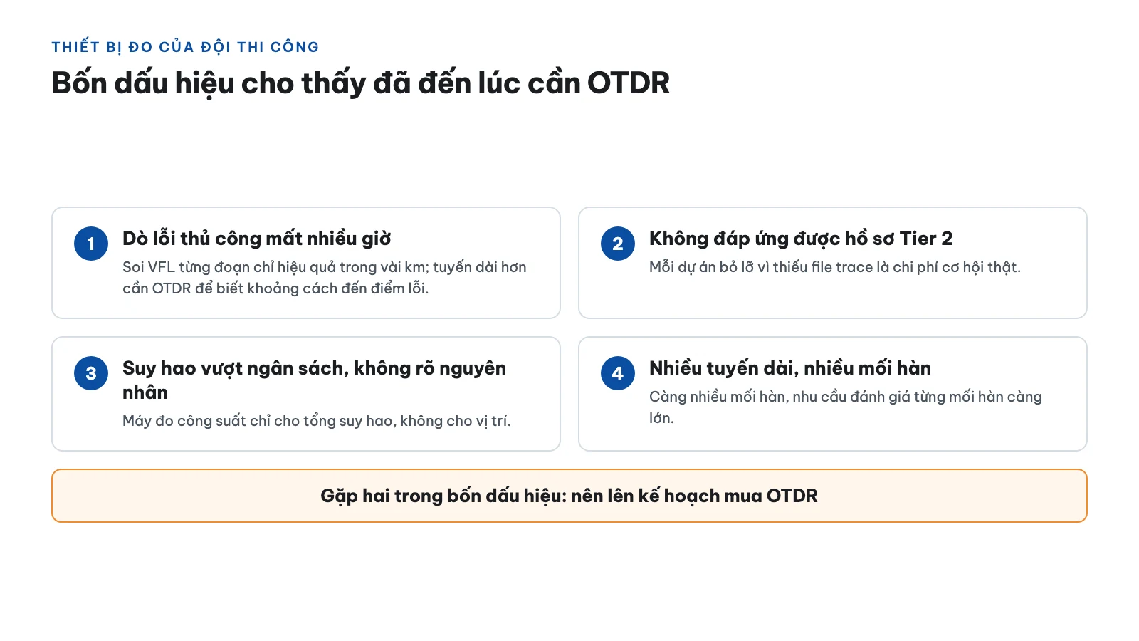 Nên mua OTDR hay máy đo công suất quang cho đội thi công FTTH 15 Dấu hiệu cho thấy đội thi công đang thiếu thiết bị đo phù hợp